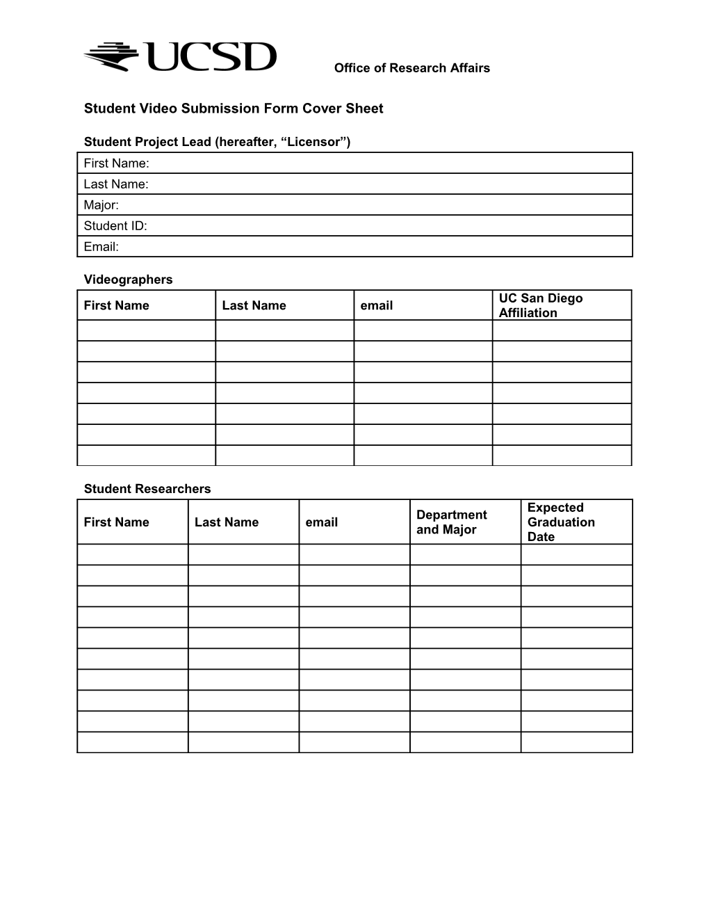 Student Video Submission Form Cover Sheet