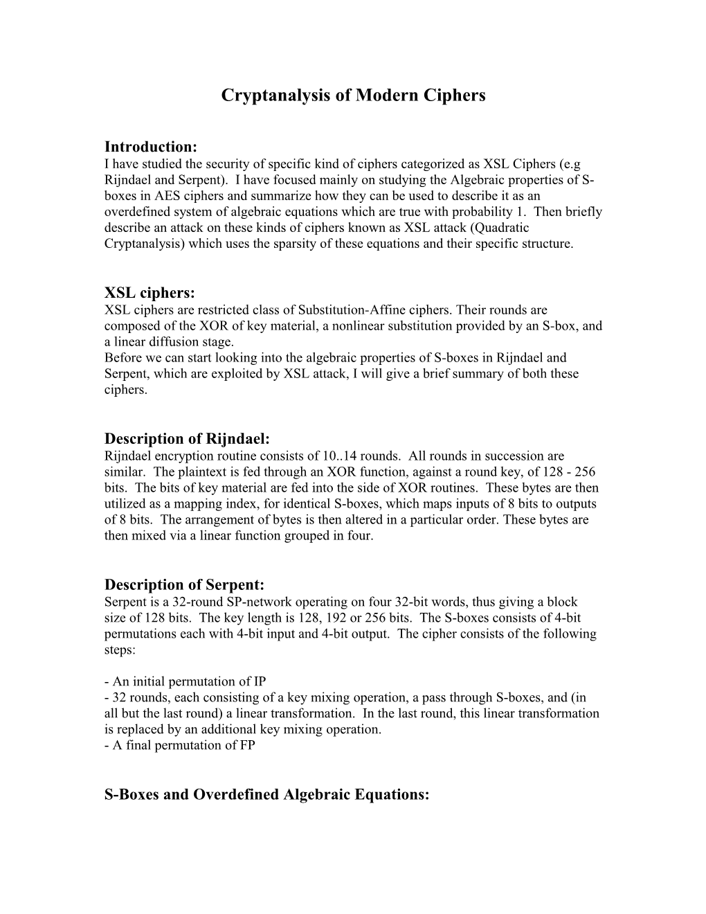 Cryptanalysis of Modern Ciphers