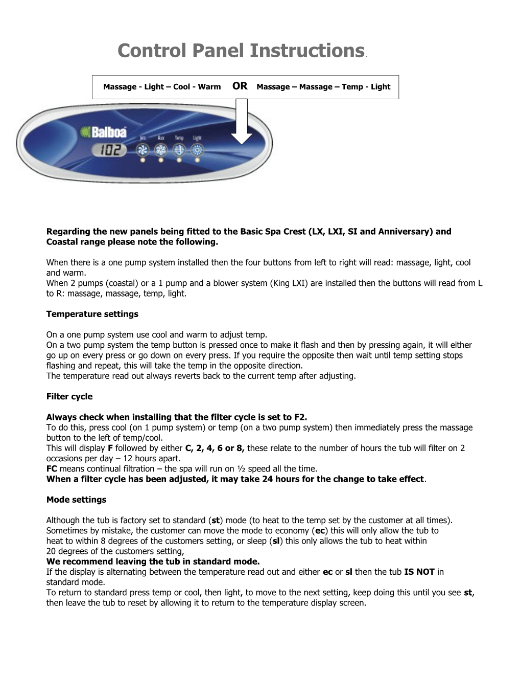 Control Panel Instructions