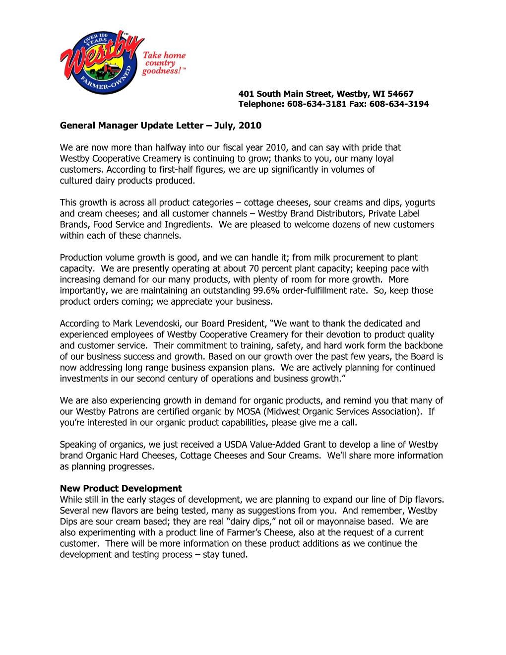 General Manager Update Letter July, 2010