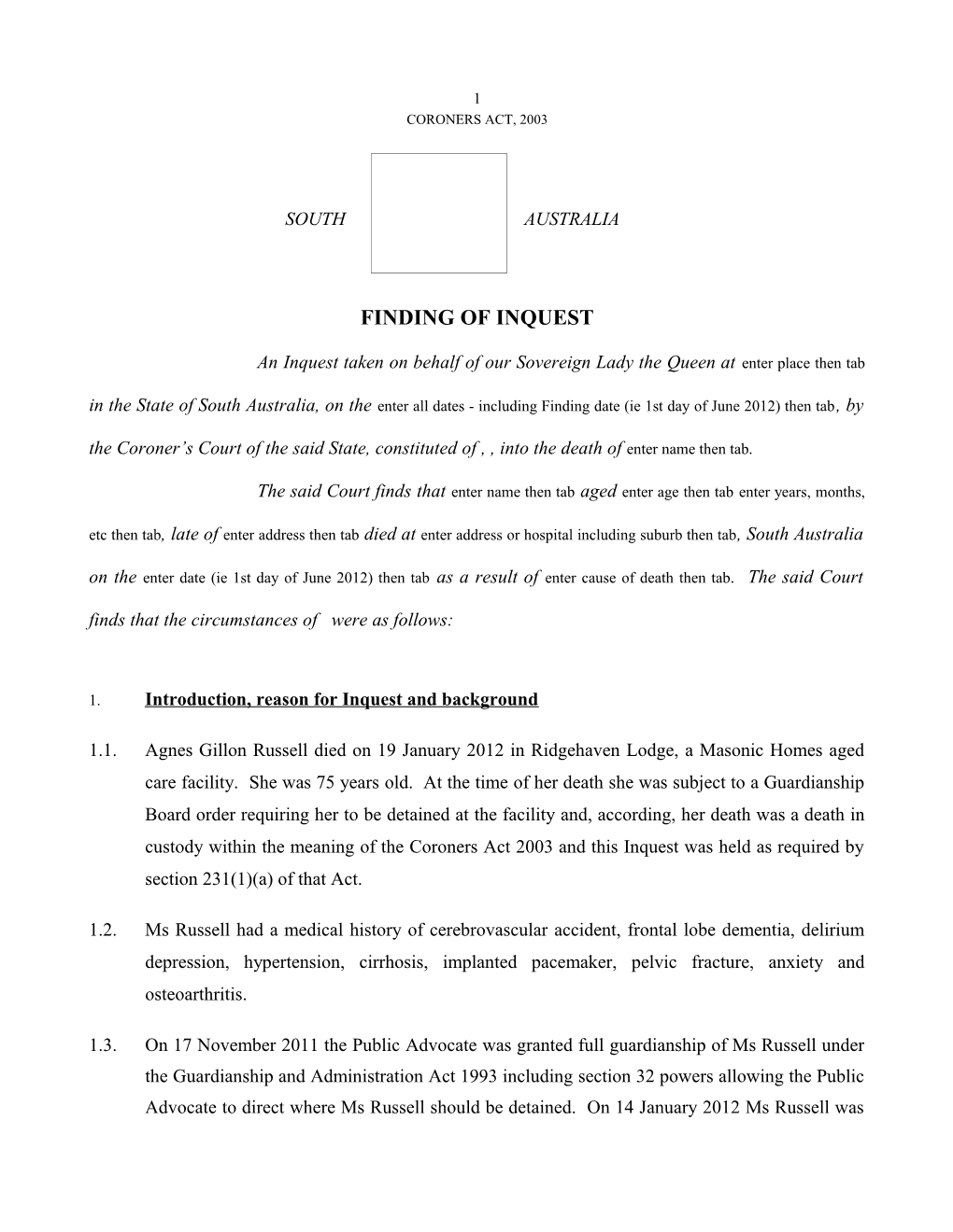 Finding of Inquest - Agnes Gillon Russell