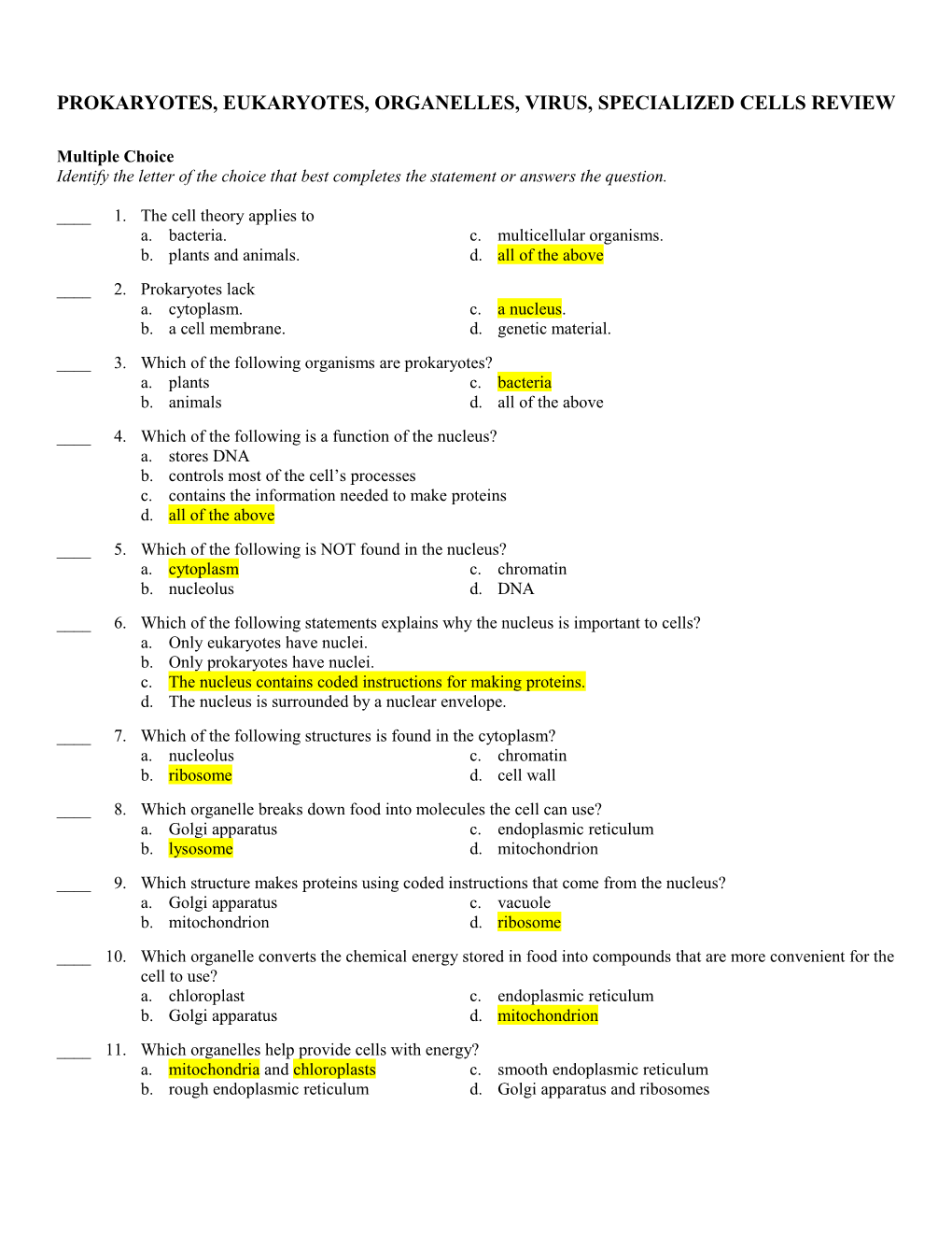 Prokaryotes, Eukaryotes, Organelles, Virus, Specialized Cells Review