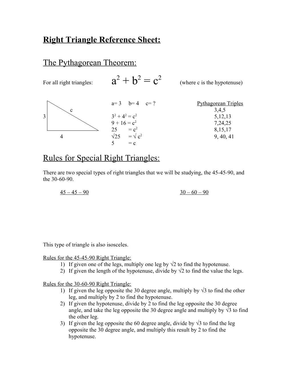 Right Triangle Reference Sheet