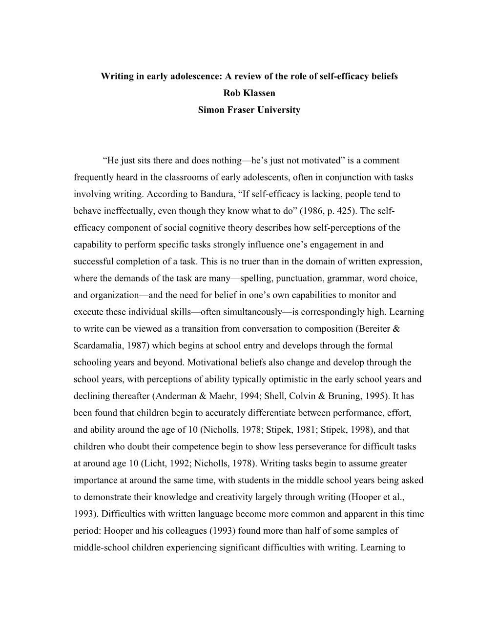 Writing in Early Adolescence: a Review of the Role of Self-Efficacy Beliefs