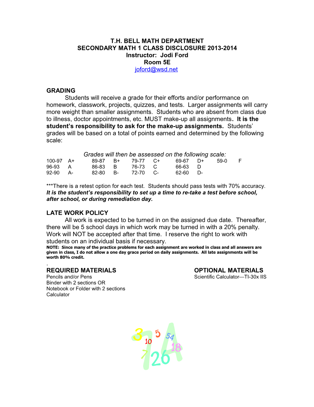 Secondary Math 1 Class Disclosure 2013-2014