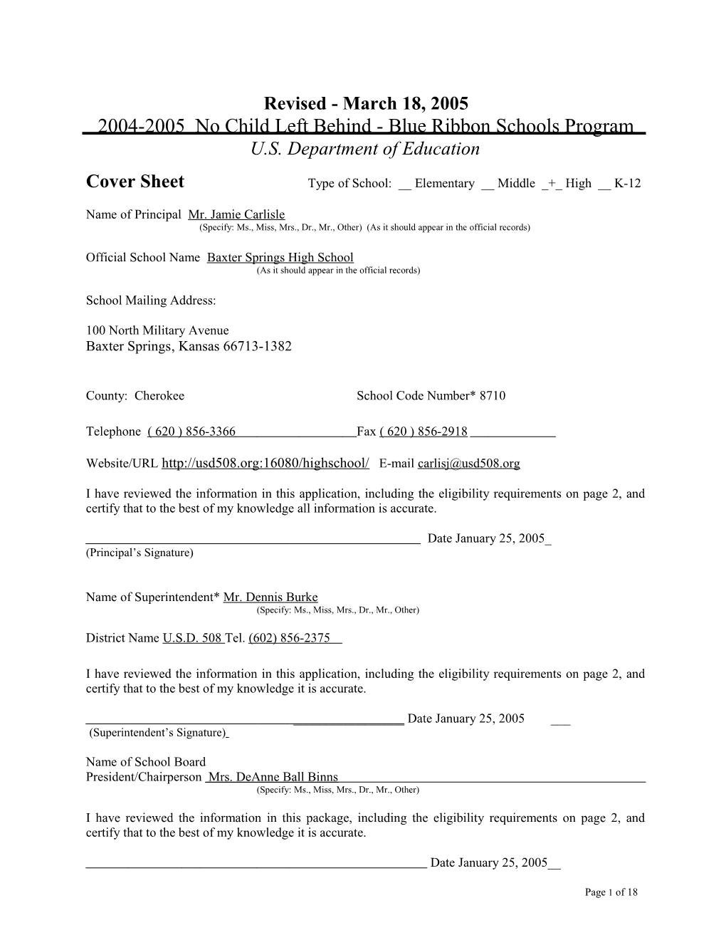 Baxter Springs High School Application: 2004-2005, No Child Left Behind - Blue Ribbon Schools