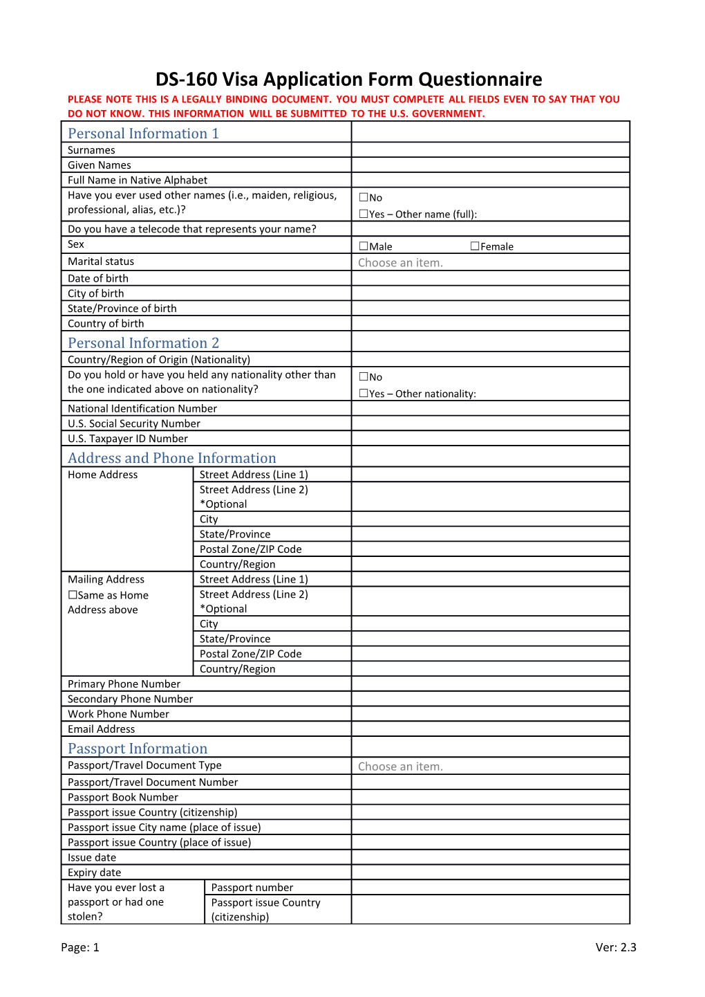 DS-160 Visa Application Form Questionnaire