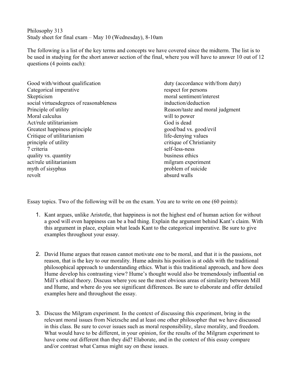 Study Sheet for Final Exam May 10 (Wednesday), 8-10Am