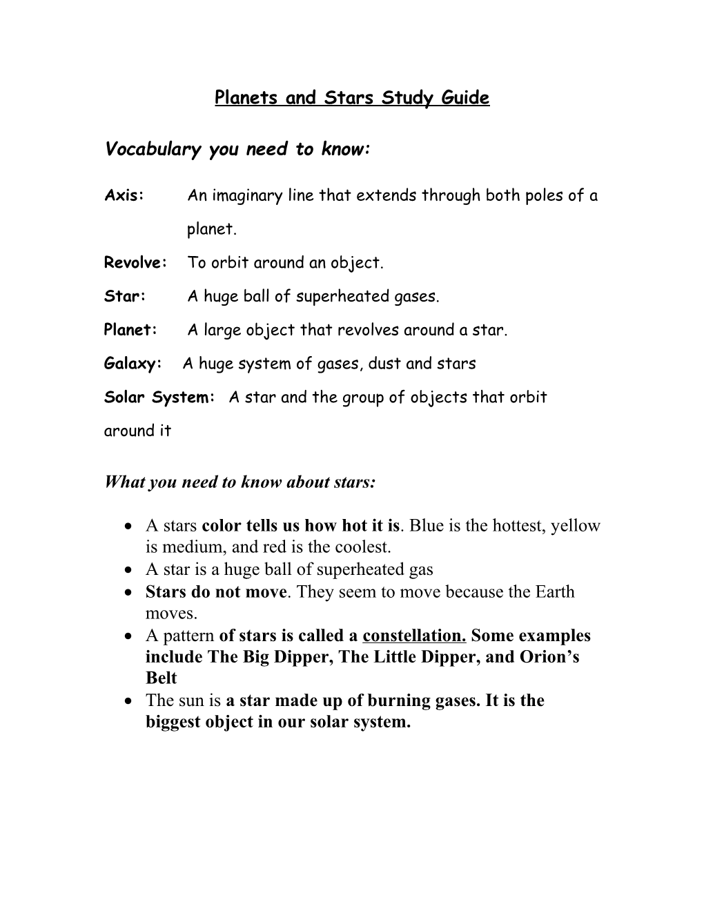 Planets and Stars Study Guide