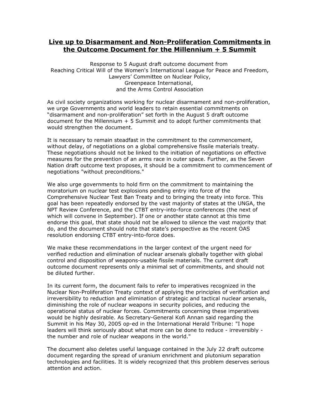 Live up to Disarmament and Non-Proliferation Commitments in the Outcome Document for The