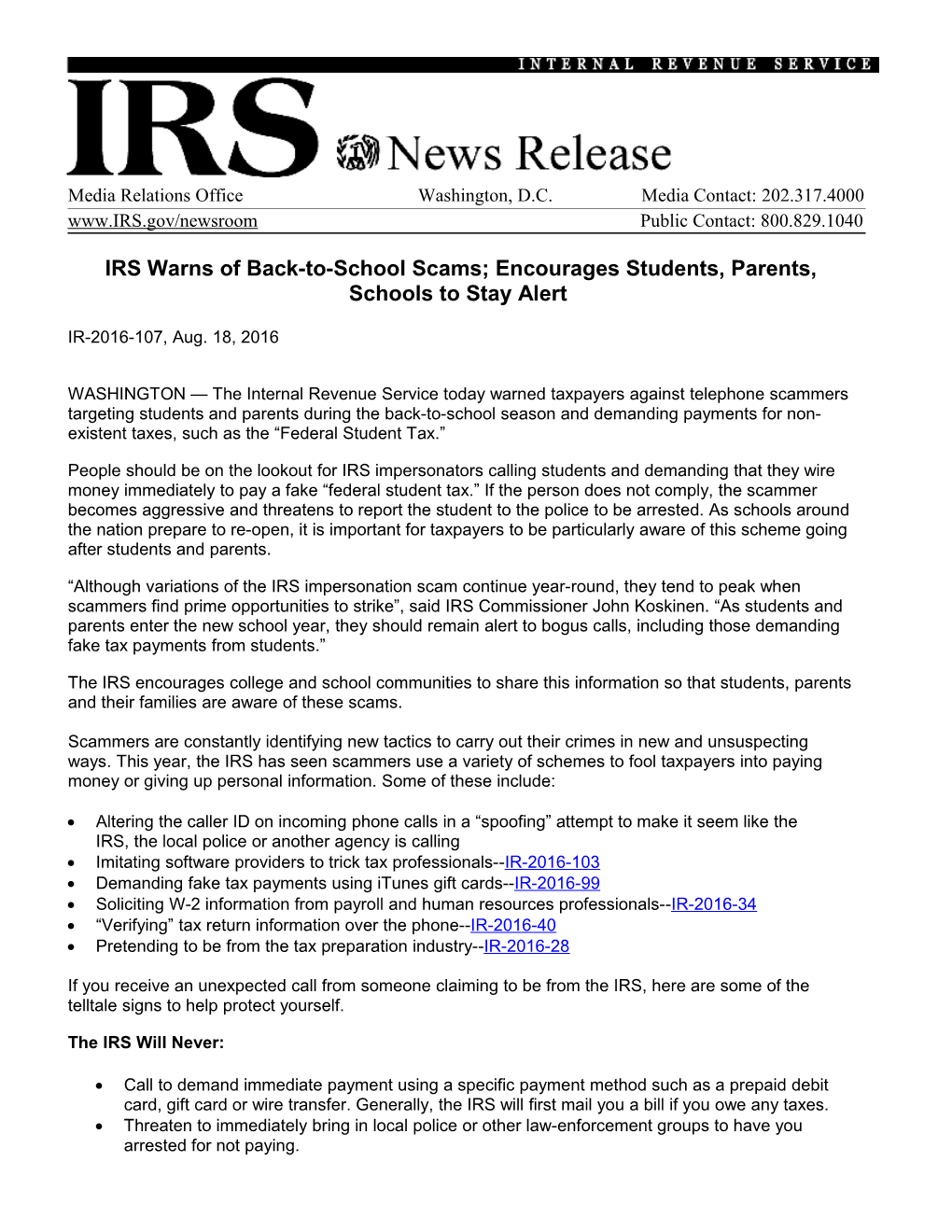 IRS Warns of Back-To-School Scams; Encourages Students,Parents, Schoolsto Stay Alert