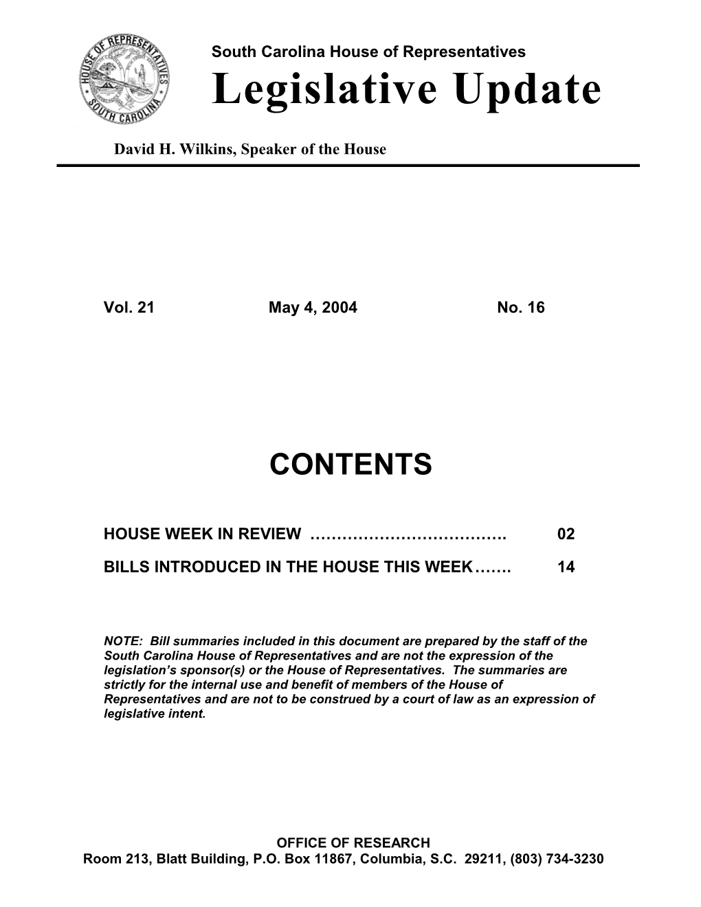 Legislative Update - Vol. 21 No. 16 May 4, 2004 - South Carolina Legislature Online