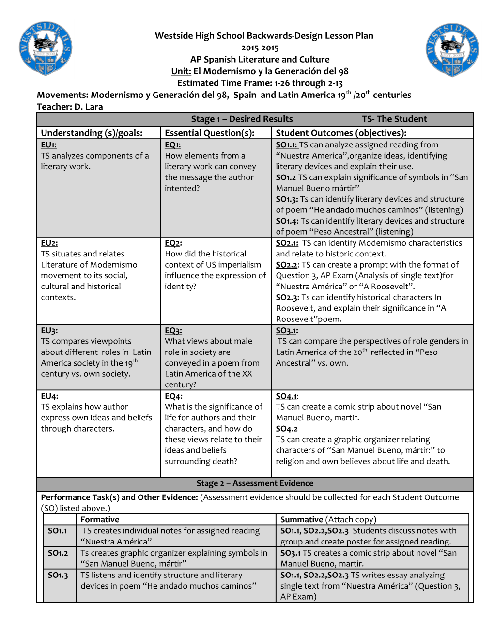 Westside High School Backwards-Design Lesson Plan