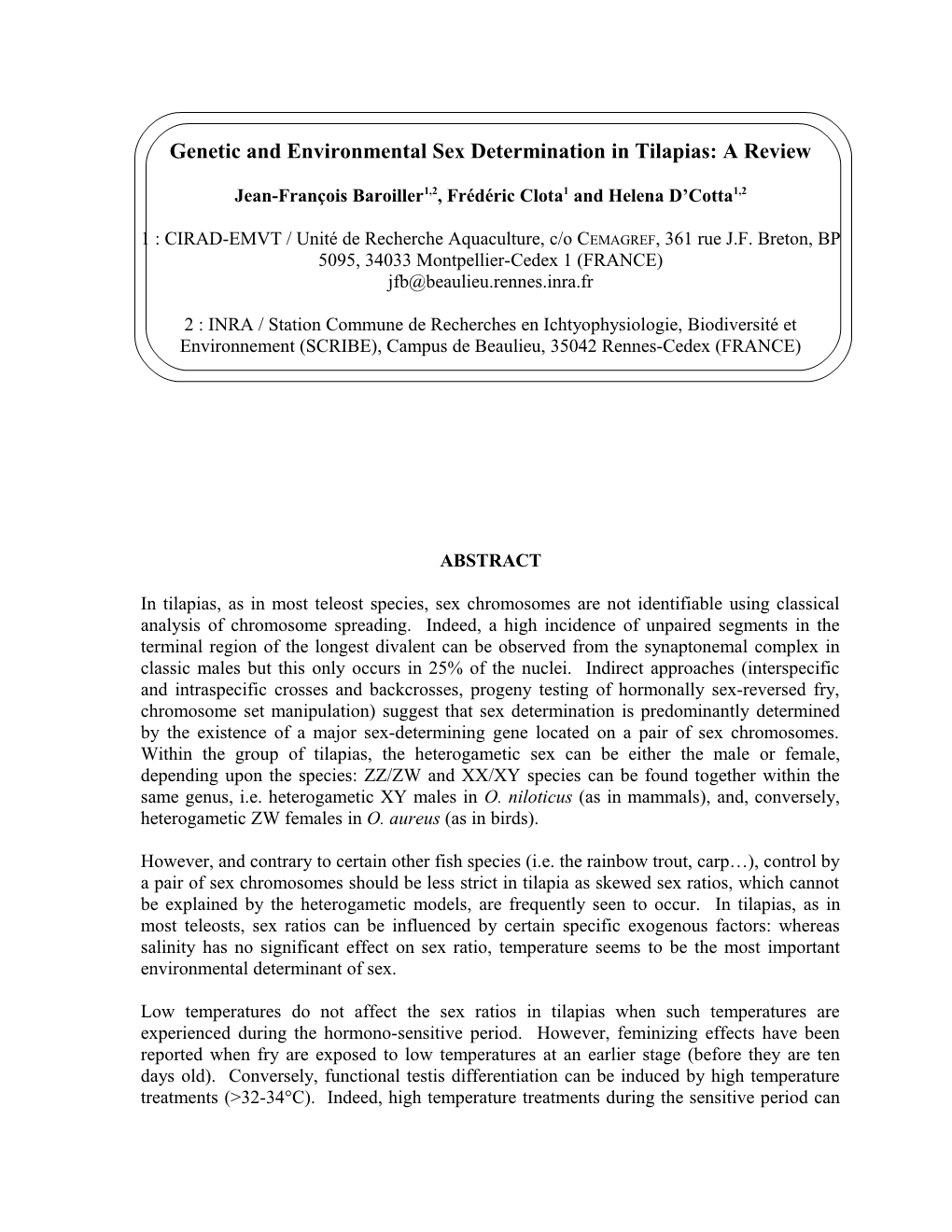 Genetic and Environmental Sex Determination in Tilapias