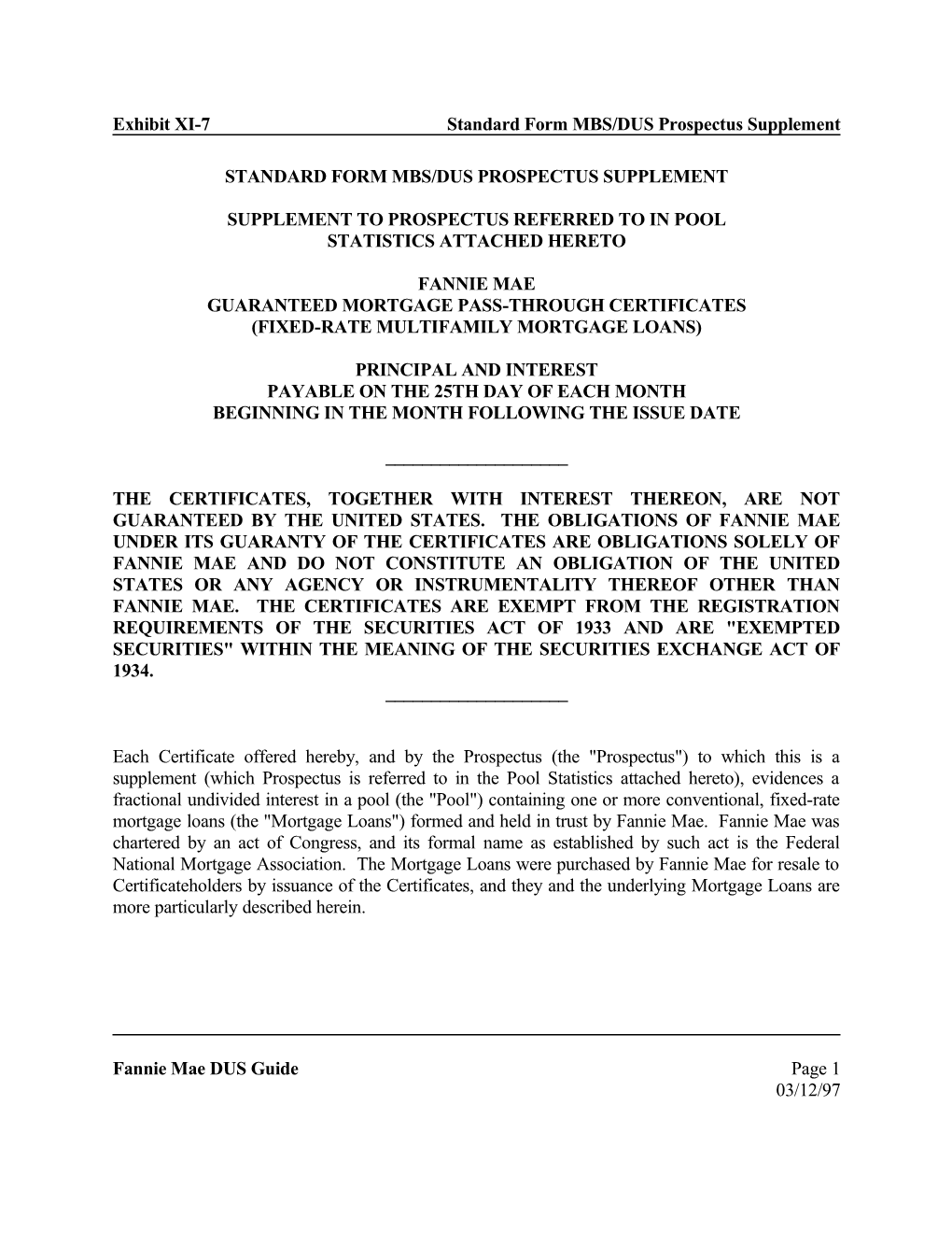 Standard Form MBS/DUS Prospectus Supplement