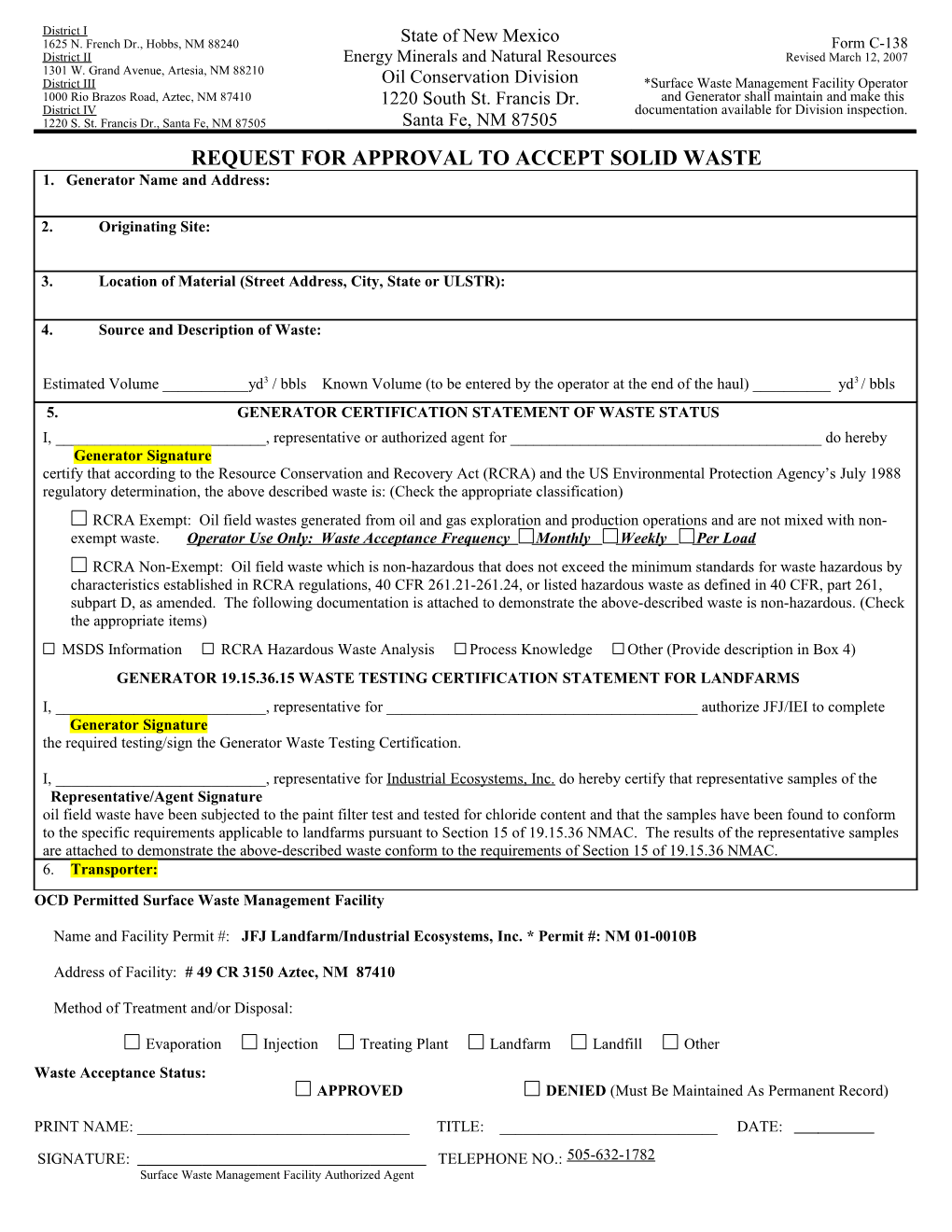 Request for Approval to Accept Solid Waste