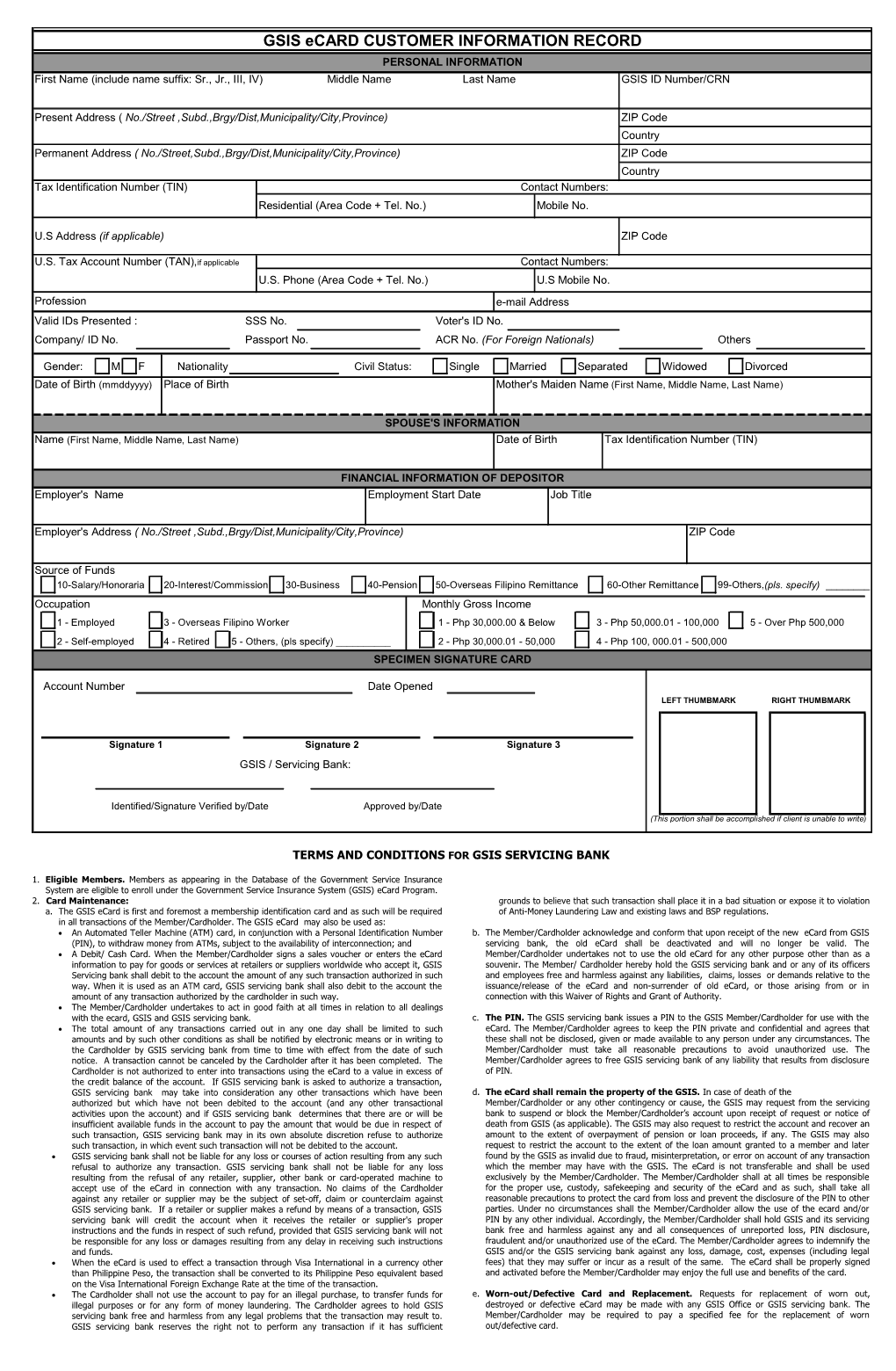 GSIS E-CARD CUSTOMER INFORMATION RECORD