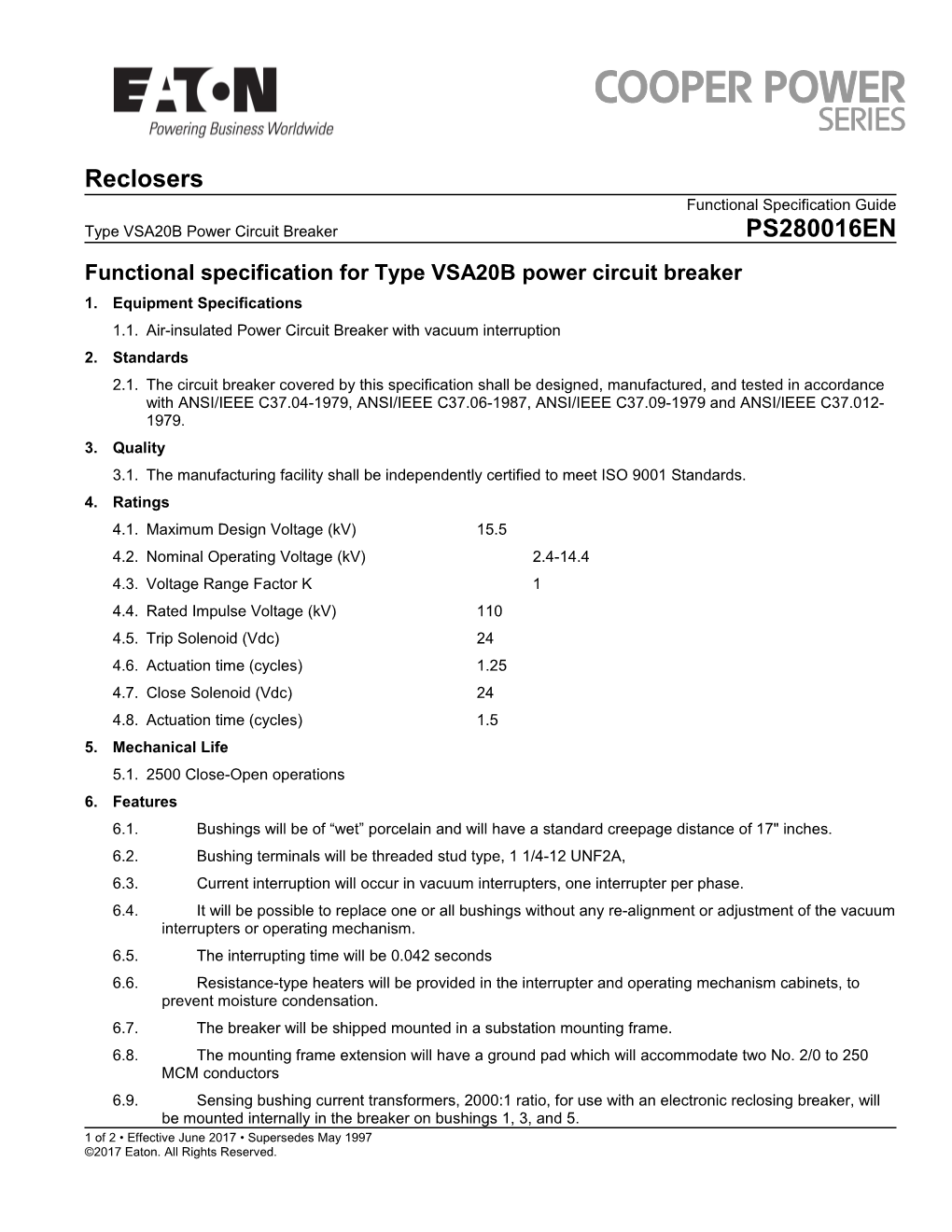 Functional Specification for Types VSA20B Power Circuit Breaker