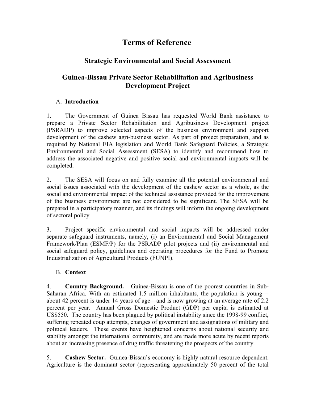 Draft Terms of Reference for the Strategic Environmental Assessment of the Cocoa Sector