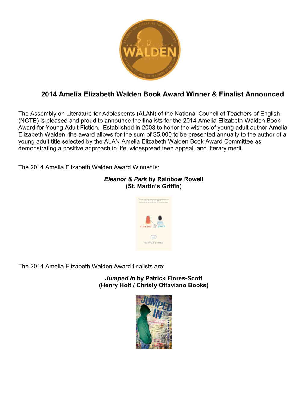 2014 Amelia Elizabeth Walden Book Award Winner & Finalist Announced
