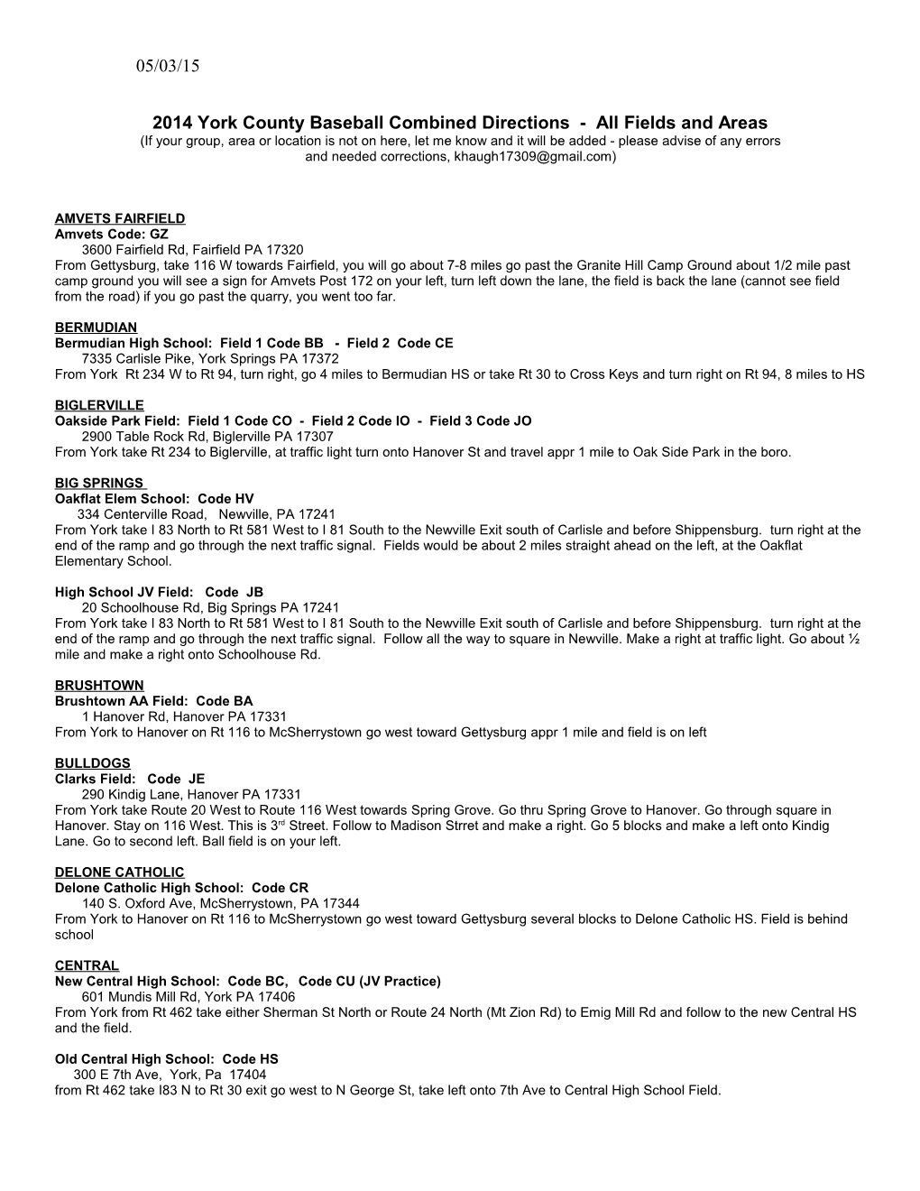 2014 York County Baseball Combined Directions - All Fields and Areas