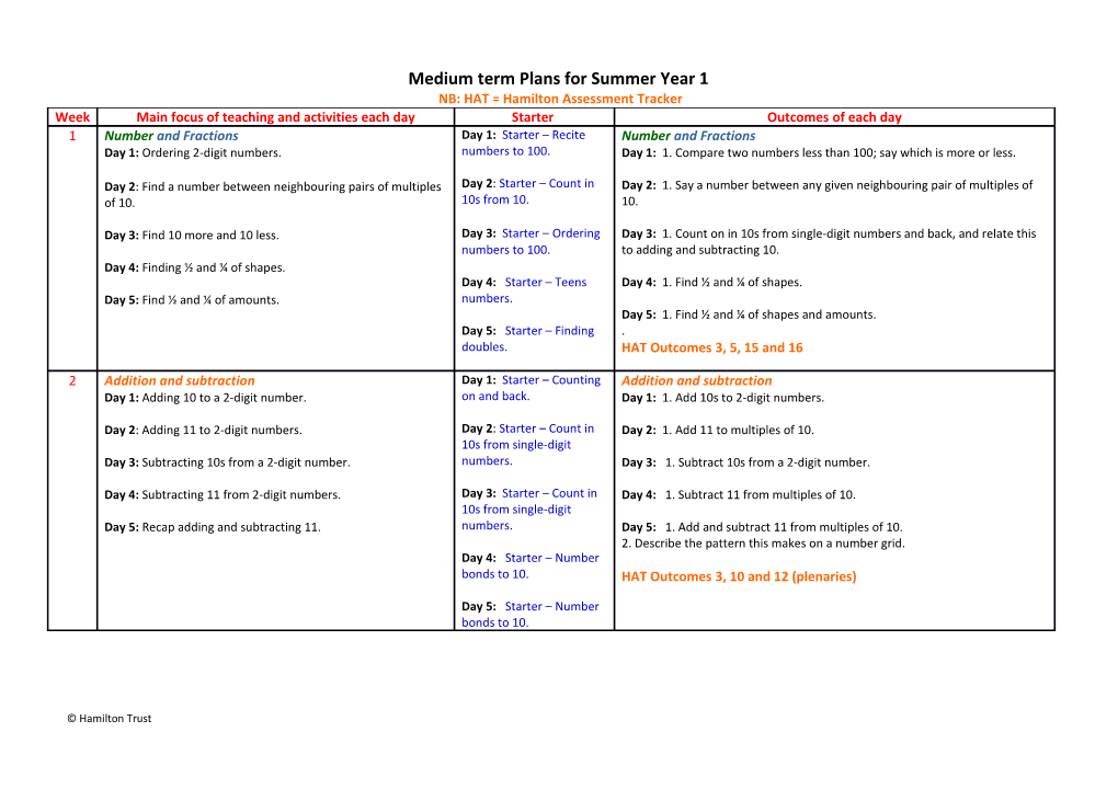 Medium Term Plans for Summeryear 1