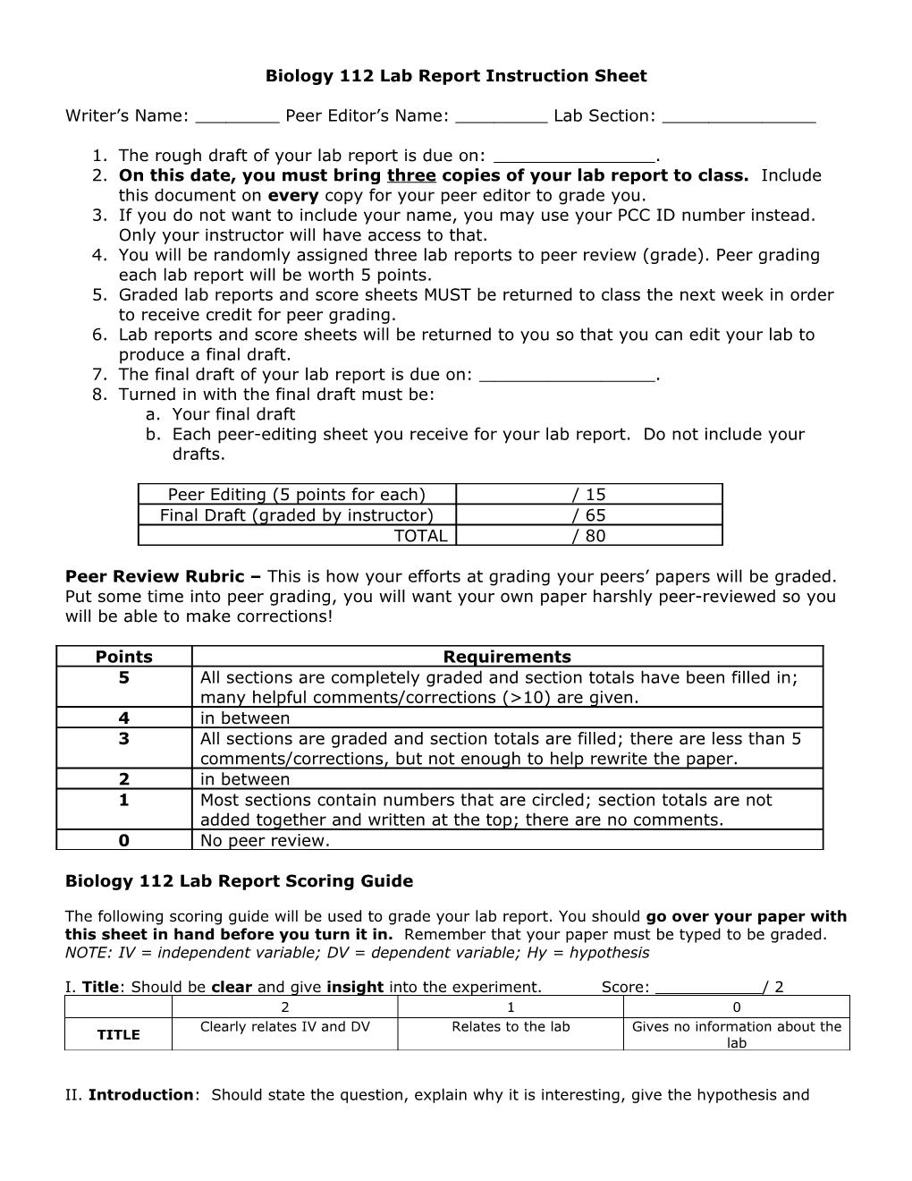 Biology 112Lab Report Instruction Sheet