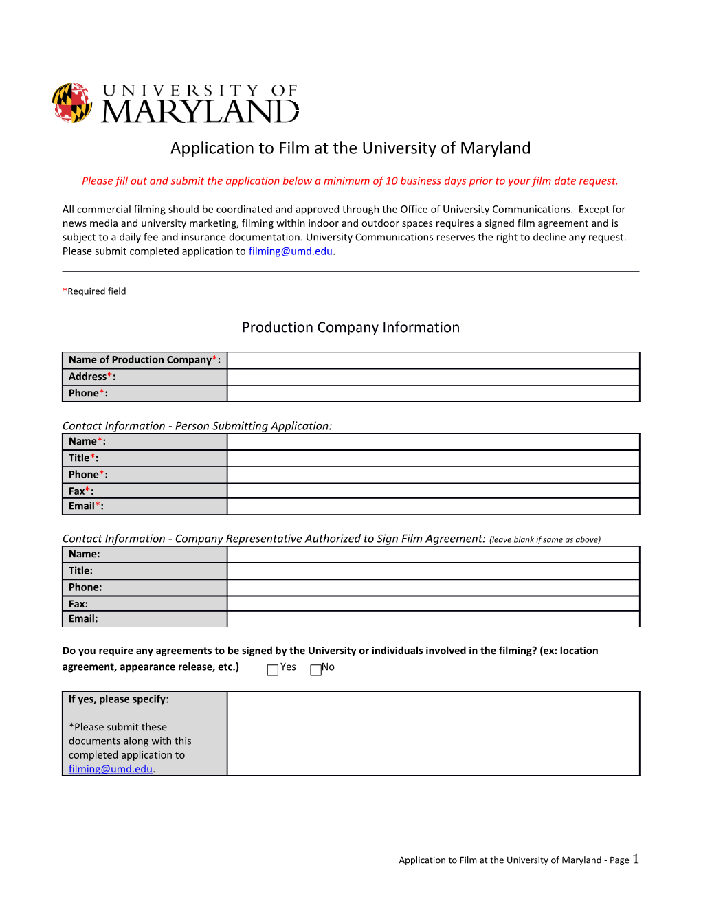 Application to Film at the University of Maryland