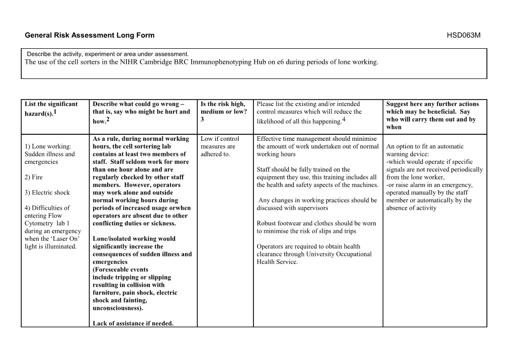 Describe the Activity, Experiment Or Area Under Assessment