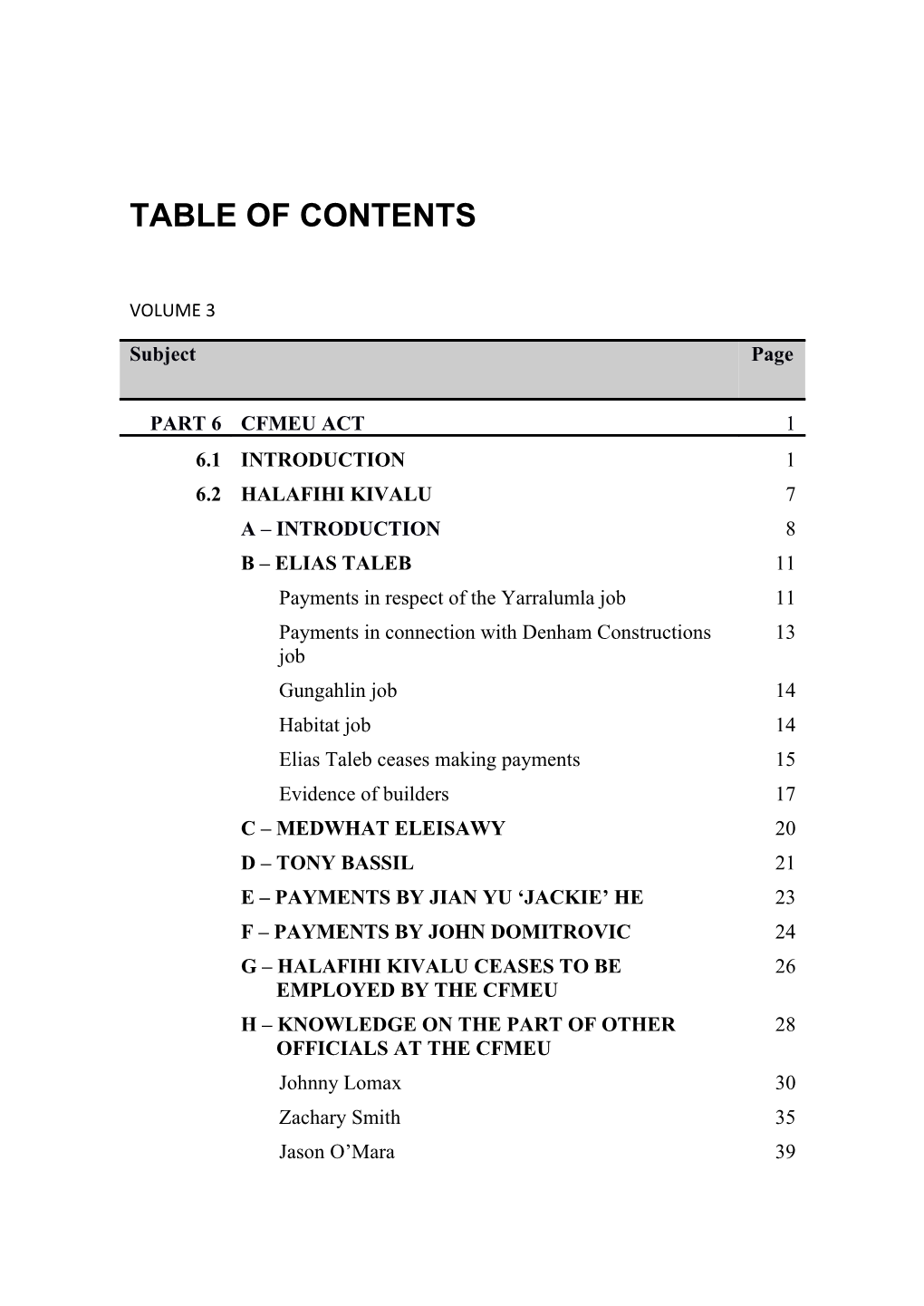 Volume 3 Table of Contents