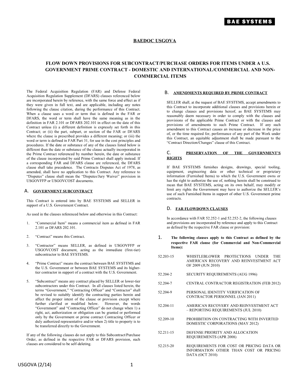 Flow Down Provisions for Subcontract/Purchase Orders for Items Under a U.S. Government