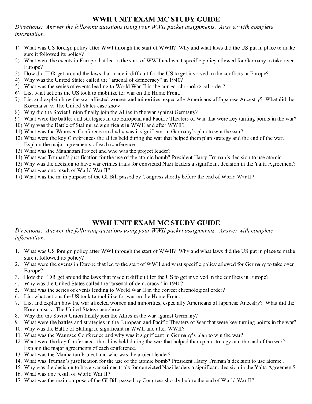 Wwii Unit Exam Mc Study Guide