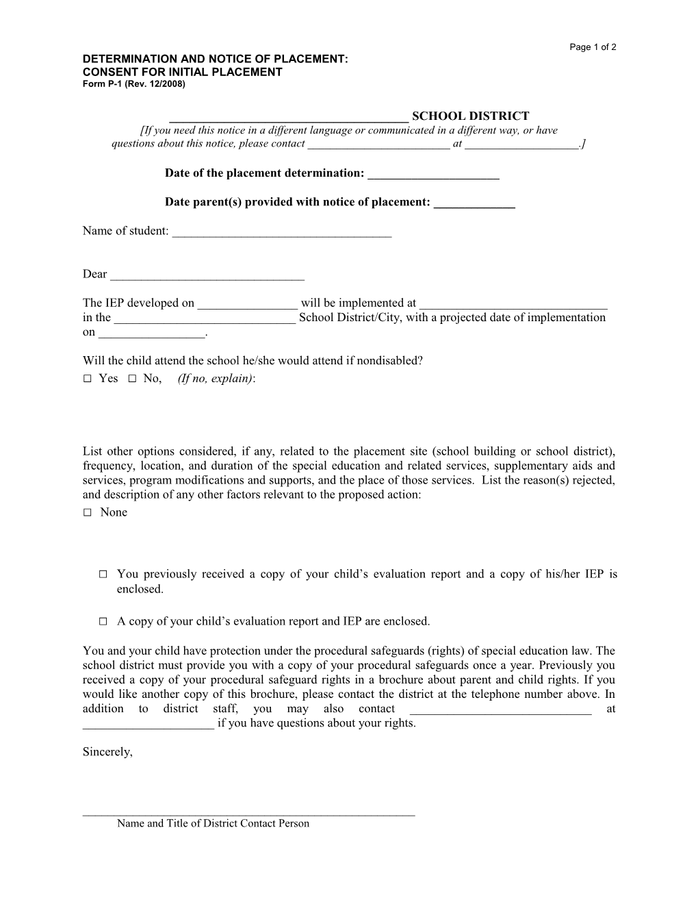 Sample Special Education Forms: P-1