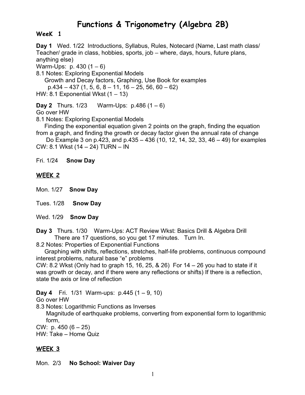 Functions & Trigonometry (Algebra 2B)