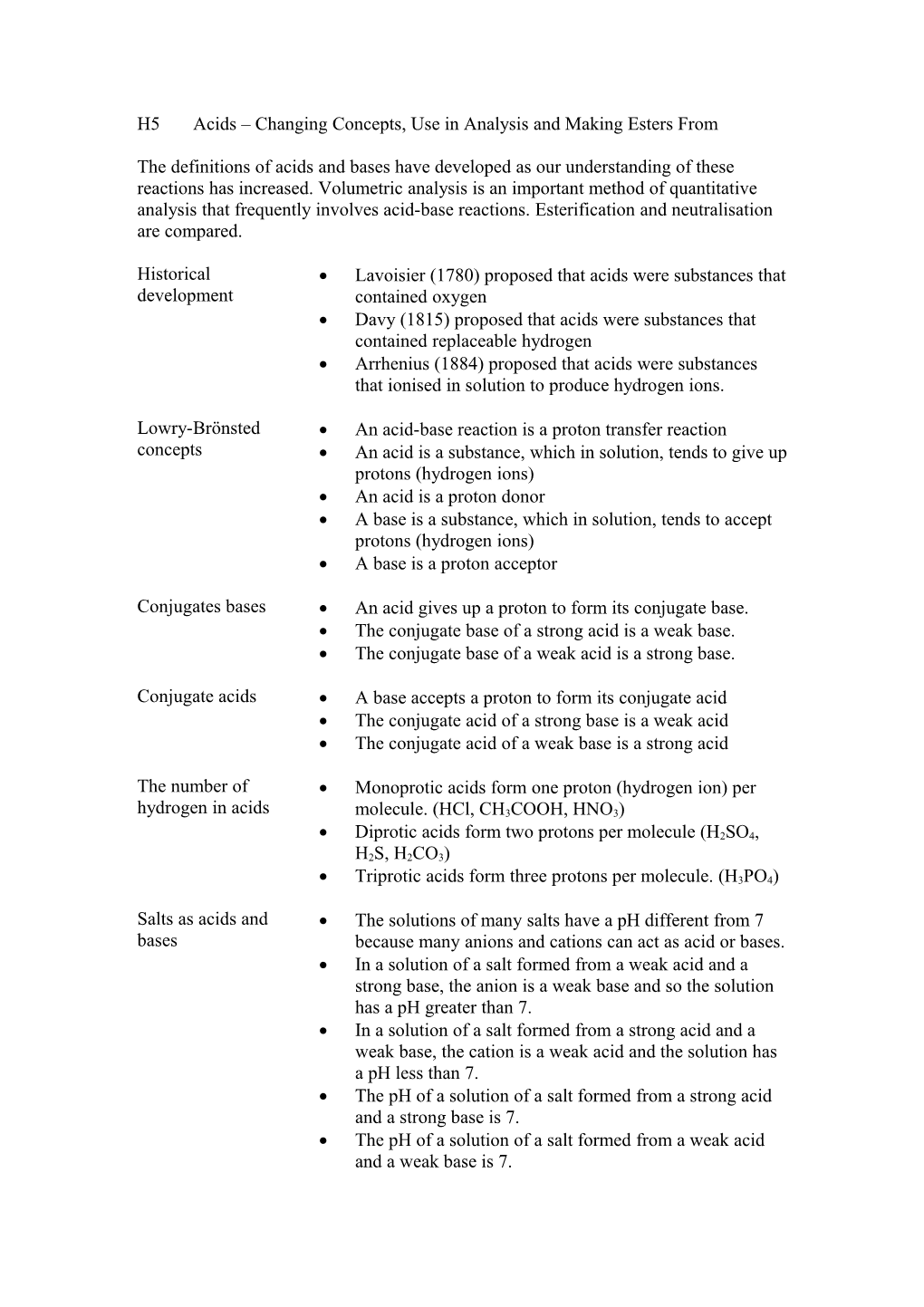 H5acids Changing Concepts, Use in Analysis and Making Esters From