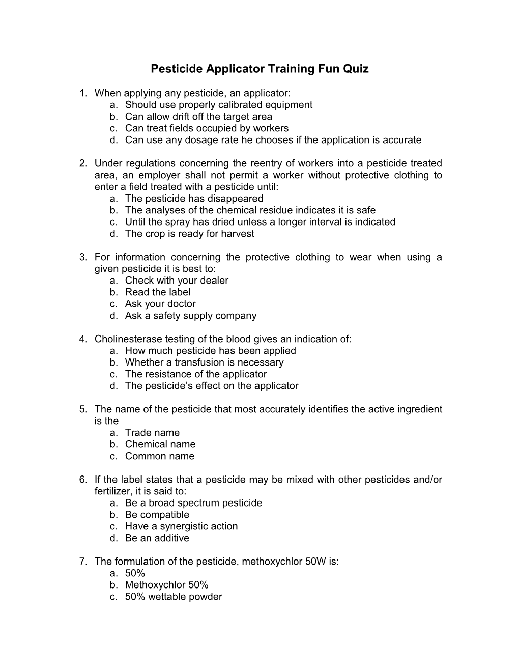 Pesticide Applicator Training Fun Quiz