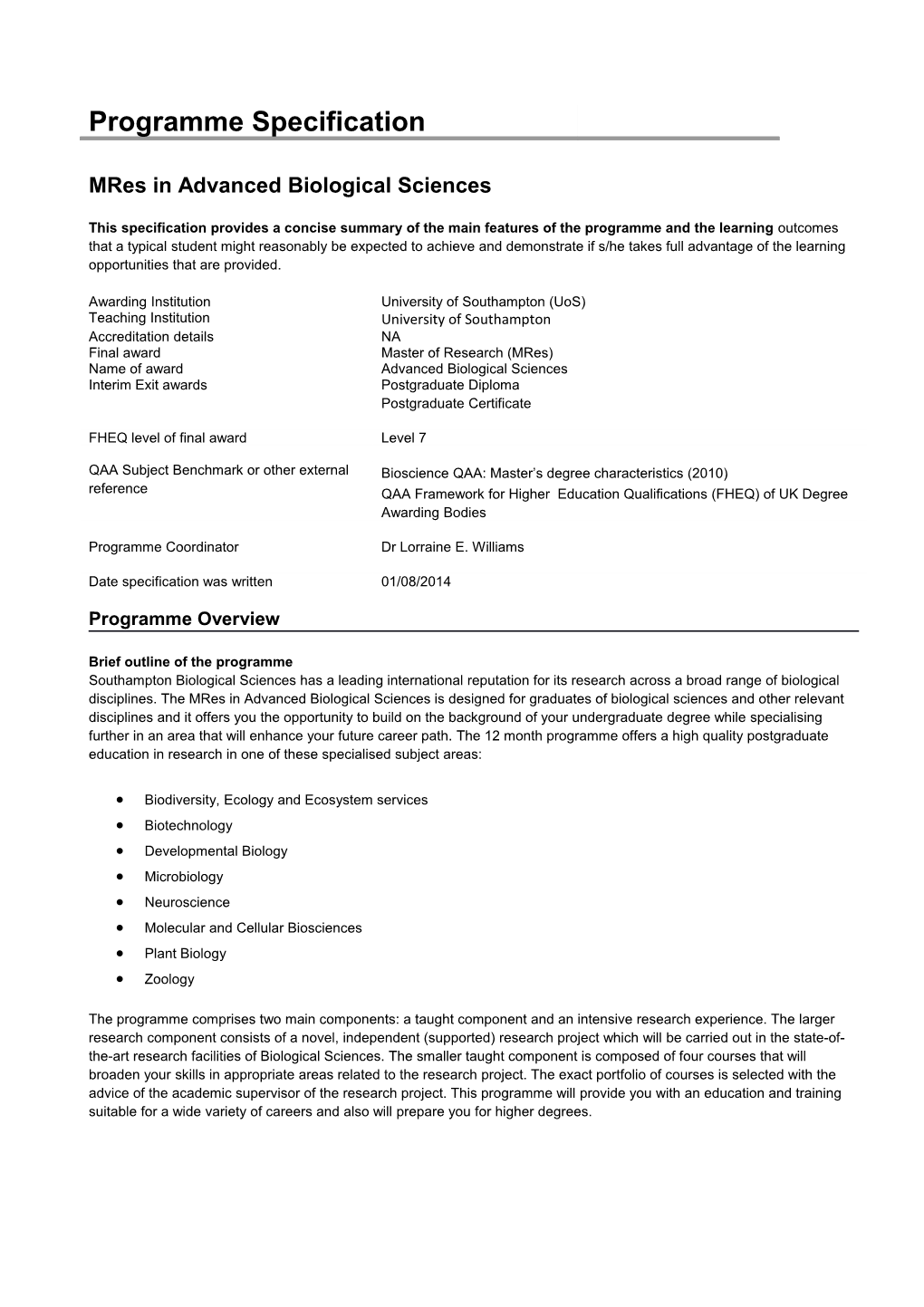 Mres in Advanced Biological Sciences