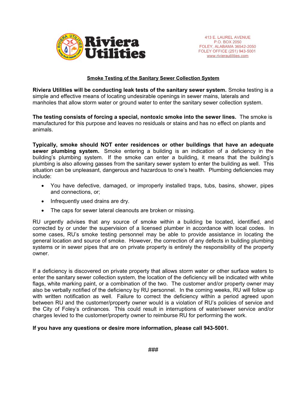 Smoke Testing of the Sanitary Sewer Collection System