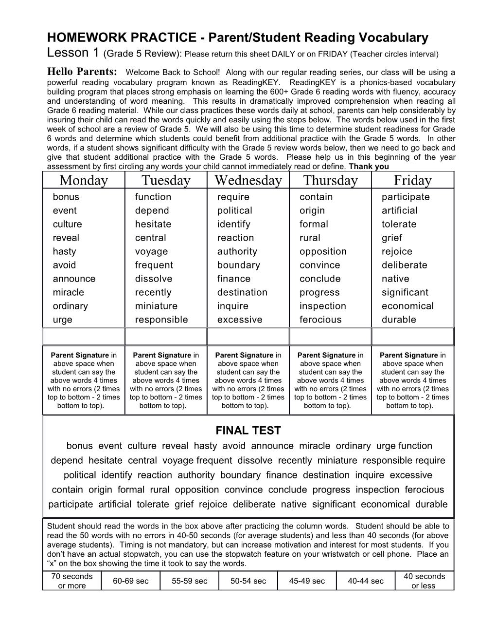 HOMEWORK PRACTICE - Parent/Student Reading Vocabulary