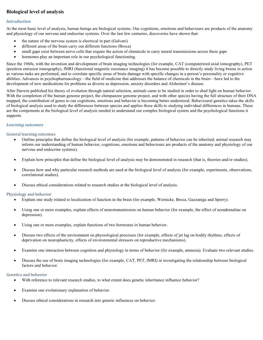 Biological Level of Analysis