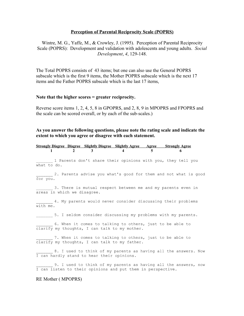 Appendix A: Perception of Parental Reciprocity Scale (POPRS)