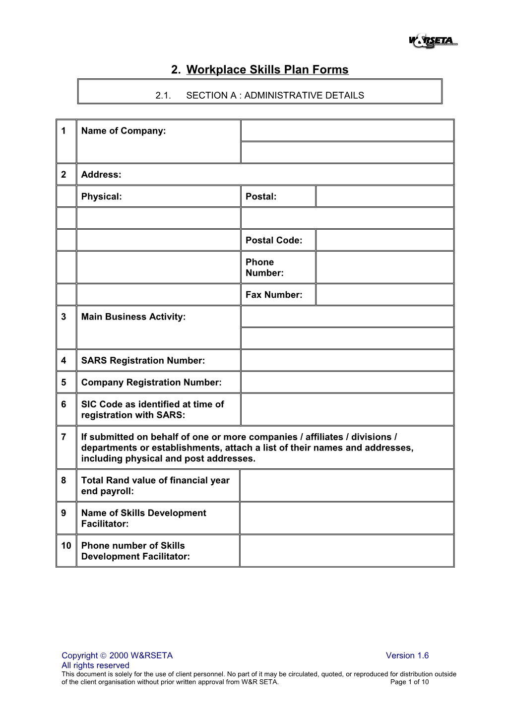 Workplace Skills Plan Forms