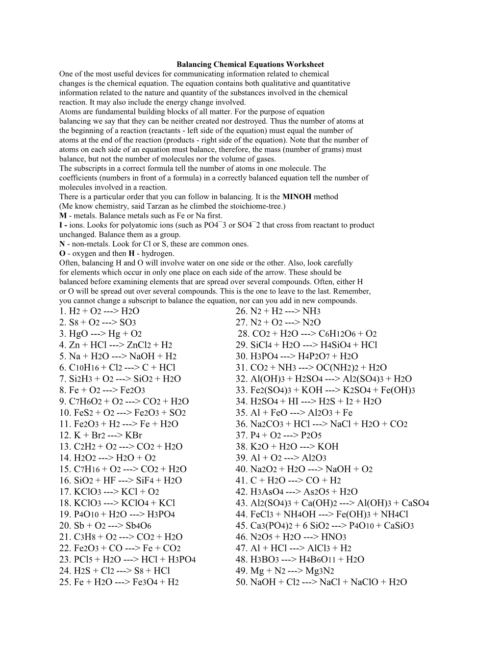 Balancing Chemical Equations Worksheet