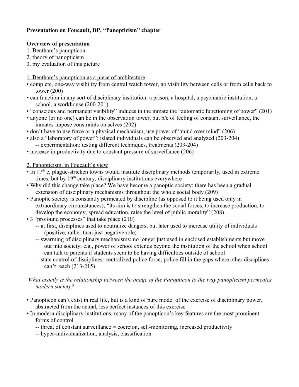 Presentation on Foucault, DP, Panopticism Chapter