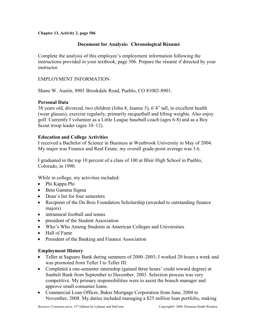 Document for Analysis: Chronological Résumé