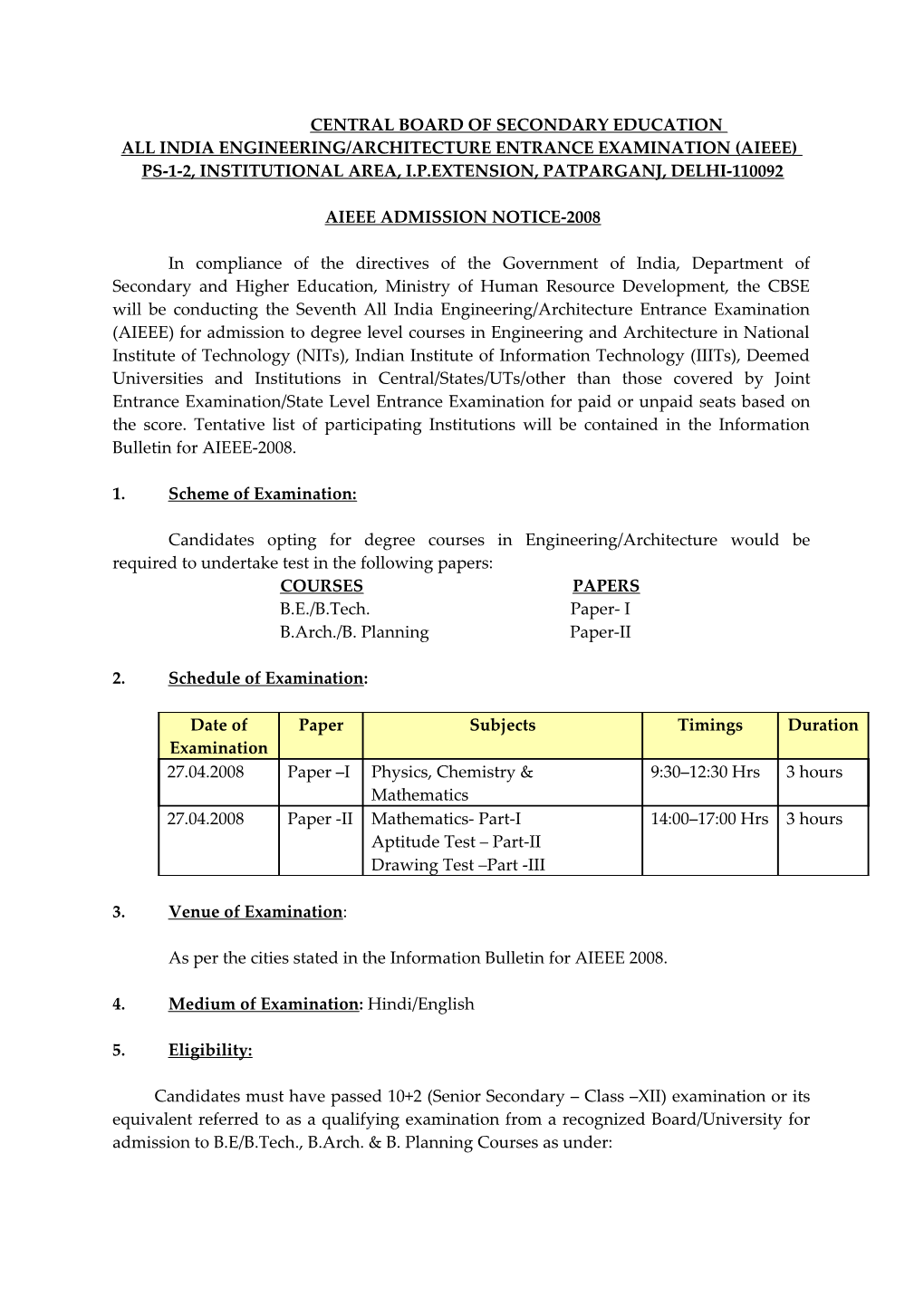 Aieee Admission Notice