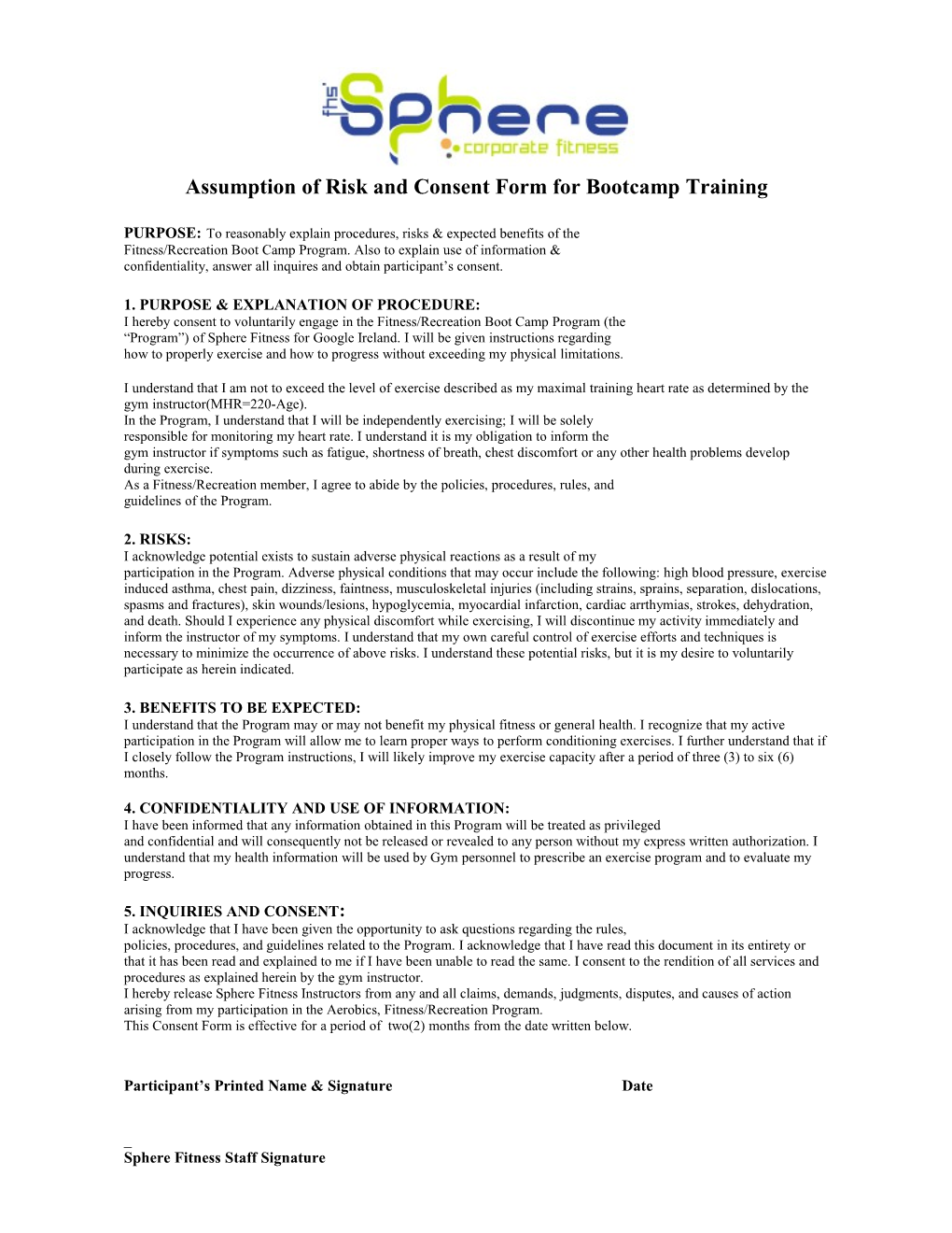 Assumption of Risk and Consent Form for Bootcamp Training