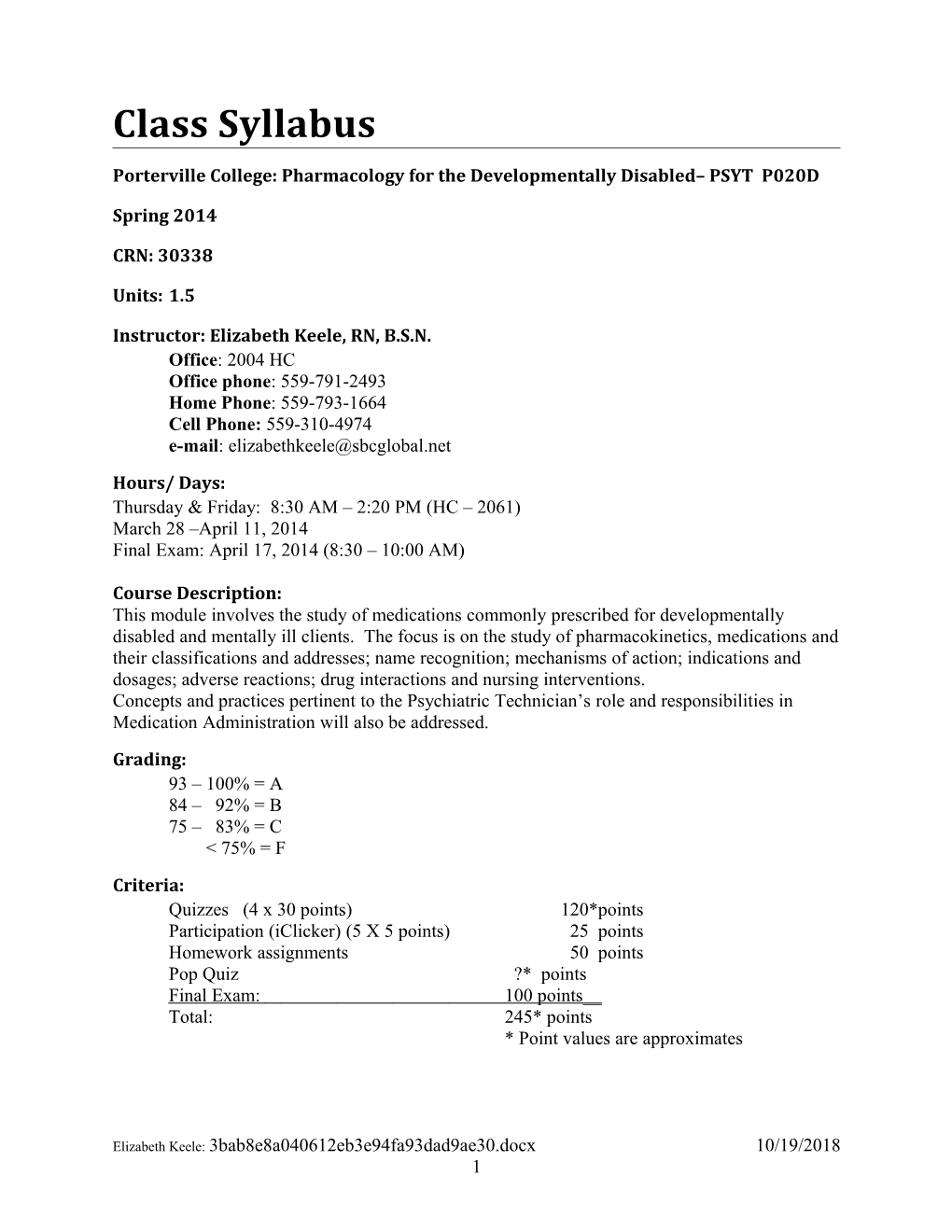 Porterville College:Pharmacology for the Developmentally Disabled PSYT P020D