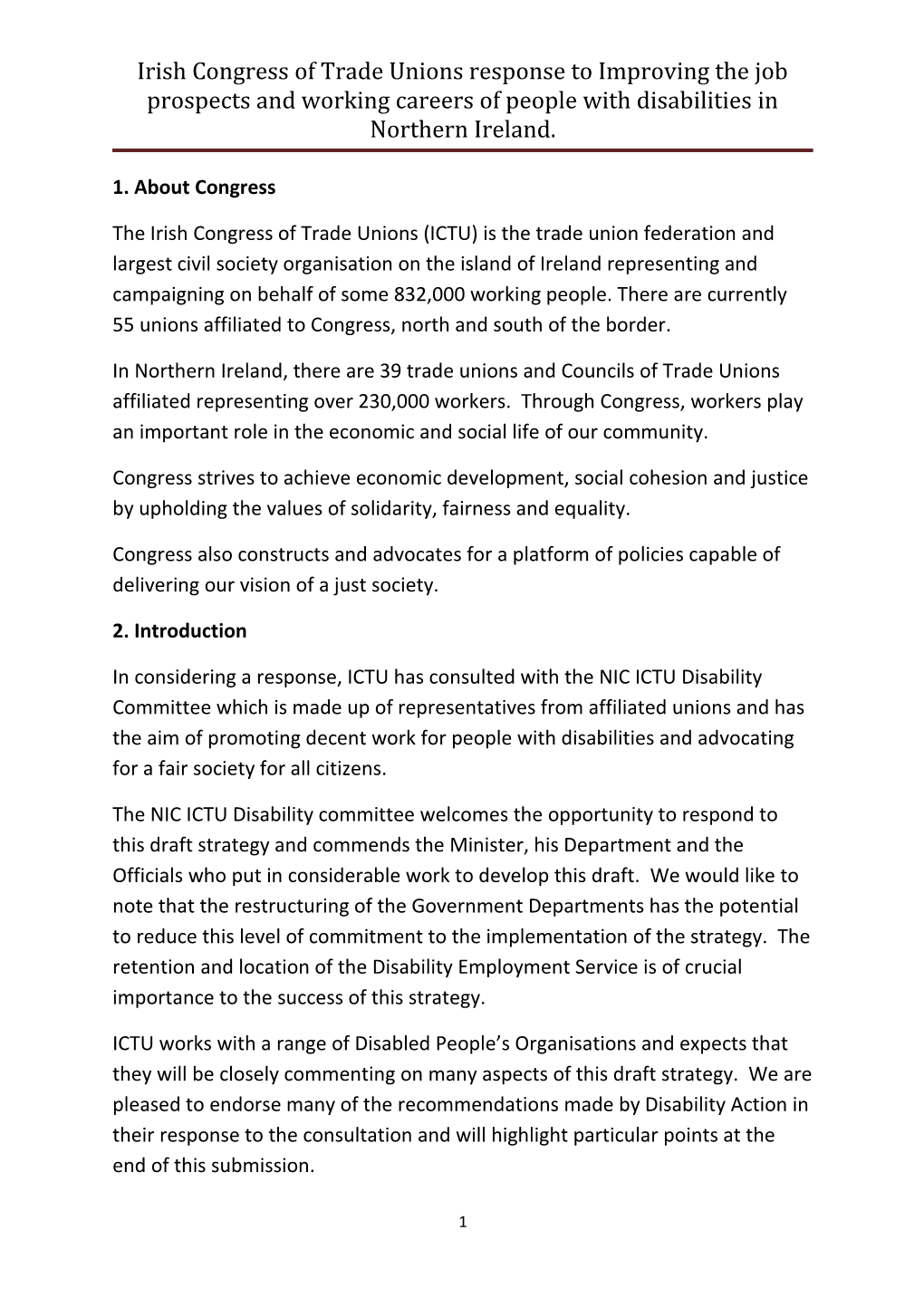 Irish Congress of Trade Unions Response to Improving the Job Prospects and Working Careers