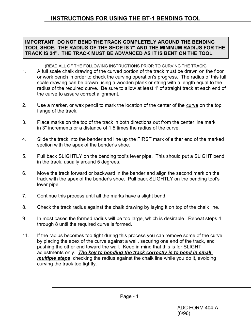 Instructions for Using the Bt-1 Bending Tool